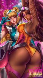 2girls ass back_view blonde_hair blue_eyes brown_eyes brown_hair dark-skinned_female dark_skin female female_only league_of_legends luxanna_crownguard nyahabi2112 riot_games samira_(league_of_legends) space_groove_lux space_groove_samira space_groove_series thighs v