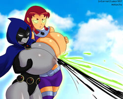 2girls breast_squeeze breasts dc dc_comics female female_only glowing_eyes huge_breasts internettumor997 lactation milking mokachu_(artist) multiple_girls nipples projectile_lactation raven_(dc) smooth_skin starfire teen_titans thighhighs unusual_lactation