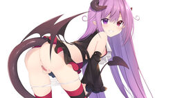 1girls anus ass bangs bare_shoulders bent_over black_legwear black_shirt black_skirt black_sleeves black_wings censored commentary_request curled_horns demon_girl demon_horns demon_tail demon_wings detached_sleeves eyebrows_visible_through_hair female female_only grin hair_between_eyes heterochromia horns long_hair long_sleeves looking_at_viewer looking_back low_wings medium_breasts mosaic_censoring original panties panty_pull pleated_skirt purple_eyes purple_hair pussy shirt simple_background skirt sleeveless sleeveless_shirt sleeves_past_wrists smile solo spread_pussy tail thighhighs underwear usagimiko v-shaped_eyebrows very_long_hair white_background white_panties wide_sleeves wings