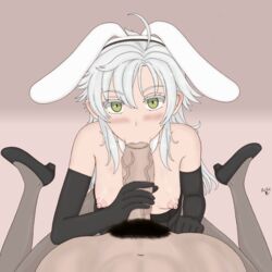 big_penis bunnysuit censored fellatio fie_claussell green_eyes grey_hair looking_at_viewer pubic_hair puffy_nipples sen_no_kiseki thechad trails_of_cold_steel