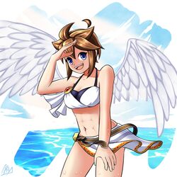 angel angel_wings beach bikini blue_eyes breasts brooch brown_hair datensip female genderswap_(mtf) jewelry kid_icarus nintendo pit pit_(kid_icarus) rule_63 spiked_hair swimsuit wings