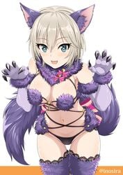 1girls anastasia_(idolmaster) animal_ears big_breasts blue_eyes blush catgirl claws ear_fluff ears female female_only fur-trimmed_boots fur-trimmed_gloves fur-trimmed_legwear fur_collar fur_gloves fur_leggings fur_trim idolmaster_cinderella_girls inoshira mash_kyrielight_(cosplay) mash_kyrielight_(dangerous_beast)_(cosplay) pixie_cut purple_fur standing tail