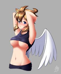 angel angel_wings bike_shorts blue_eyes bra breasts brown_hair datensip female genderswap_(mtf) highres kid_icarus kid_icarus_uprising navel nintendo pit pit_(kid_icarus) rule_63 spiked_hair wings