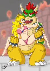 1boy 1girls barefoot blonde_hair blue_eyes bowser breasts chronosth1 female full_body gummslime holding_legs long_hair male mario_(series) masterdoodle nintendo open_mouth outdoors pink_bikini princess_peach spread_legs standing super_mario_bros.