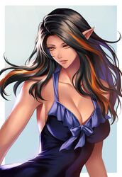 1girls 2017 cleavage dress elezen elf_ears female female_only final_fantasy final_fantasy_xiv gold_eyes long_hair pengnangehao pointy_ears solo