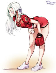 1girls ass bare_legs baseball baseball_jersey baseball_mitt baseball_uniform bent_over blush choi_seol-hwa edelgard_von_hresvelg female fire_emblem fire_emblem:_three_houses footwear full_body fully_clothed hair_ornament hair_ribbon handwear long_hair minacream nintendo purple_eyes ribbon shorts simple_background solo sportswear uniform white_hair