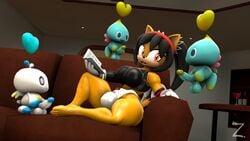 3d 3d_(artwork) anthro black_hair blue_body breasts bulge chao_(sonic) domestic_cat feet felid feline furry futanari gloves hair hero_chao honey_the_cat orange_eyes panties penis sonic_(series) twintails yellow_body zeniix98