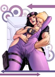 1boy 1girls bayushi black_hair blonde_hair blush breasts brunette clint_barton fingerless_gloves from_below hands_in_pants hawkeye kate_bishop kissing kissing_neck light-skinned_female light-skinned_male long_hair looking_at_viewer marvel marvel_comics nail_polish nipples older_male older_man_and_teenage_girl simple_background smile straight sunglasses_on_head teenager unzipped unzipped_bodysuit unzipping wet wet_pussy