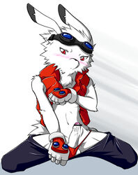 blush bunny_ears censored chirashi_(matsu13) cum erection fingerless_gloves furry gloves goggles king_kazuma lapine male_only penis rabbit rabbit_ears solo solo_male summer_wars vest white_fur