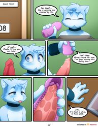 blue_body box colored comic darkmirage digital_media_(artwork) dildo english_text feral flustered genitals hi_res holding_object male masturbation page_48 penis quetzalli_(character) redoxx sex_toy solo text