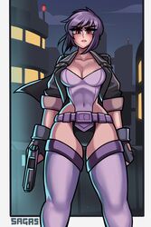 1girls breasts cleavage clothing coat corset female female_only firearm footwear ghost_in_the_shell gun handgun handwear human kusanagi_motoko leotard outerwear purple_hair red_eyes sagas short_hair solo solo_female tagme thick_thighs thighhighs weapon