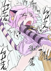 anthro chirashi_(matsu13) closed_eyes dress earrings elh_melizee furry japanese_text no_panties open_mouth pink_hair solatorobo tail