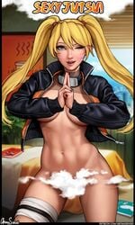 1girls alternate_version_available areola areolae aroma_sensei black_nails blonde_hair blue_eyes bottomless breasts busty digital_media_(artwork) female female_only gender_transformation genderswap genderswap_(mtf) hand_seal kunoichi light-skinned_female light_skin nail_polish naruko naruto naruto_shippuden no_bra panties piercing rule_63 sexy_no_jutsu shounen_jump solo stirrup_legwear stirrup_socks tied_hair twintails upper_body uzumaki_naruto whisker_markings wink