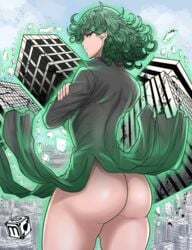 1girls artist_logo ass ass bare_ass big_butt commission dress green_hair looking_back one-punch_man sekushimagik solo solo_female tatsumaki thick_thighs thighs