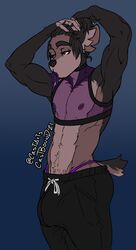 2021 anthro biceps body_hair brown_eyes brown_hair bulge canine castbound chest_hair clothing fur gym_clothes hair hairband jockstrap male male_only mammal mesh_shirt multicolored_fur nipples pecs russell_(castbound) shirt simple_background solo solo_focus solo_male standing sweat_pants tank_top transparent_background two_tone_fur underwear