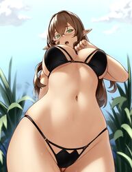 bikini brown_hair brown_haired_glasses_elf_(houtengeki) character_request elf female female_only green_eyes houtengeki long_hair looking_at_viewer