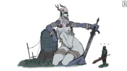 absurd_res ambiguous_gender anthro artorias_the_abysswalker beast_(bloodborne) bloodborne breasts canid canine canis duo female fromsoftware goonie-san great_grey_wolf_sif hi_res human knight_on_monster leaning_on_object male male/female mammal midriff sitting sony_corporation sony_interactive_entertainment standing swordsman tombstone tongue tongue_out vicar_amelia video_games wolf