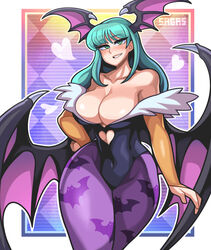 1girls animal_print bat_print bat_wings bats big_breasts black_leotard black_wings breasts capcom checkered checkered_background cleavage clothing clothing_cutout darkstalkers demon_girl demon_wings detached_sleeves eyebrows eyebrows_behind_hair female female_only female_solo fur_trim green_eyes green_hair hand_on_hip head_wings heart heart_background heart_cutout high_resolution large_breasts leotard long_hair looking_at_viewer medium_breasts milf morrigan_aensland orange_sleeves pantyhose print_legwear purple_legwear sagas sagas293 seductive_smile sleeves smile solo solo_female succubus thick thick_thighs thighs very_high_resolution wings