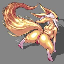 absurd_res anthro anus ass big_butt female fur genitals hi_res looking_at_viewer mythological_carbuncle mythology paws pussy rashchaos solo tagme thick_thighs