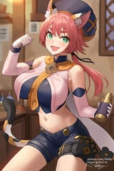 1girls aged_up alcohol animal_ears belly_button breasts cat_ears cat_humanoid cat_tail catgirl clothed_female diona_(genshin_impact) drink feline female female_only genshin_impact green_eyes hat hi_res huge_breasts light-skinned_female light_skin midriff navel nhaliz pink_hair shorts smile solo solo_female