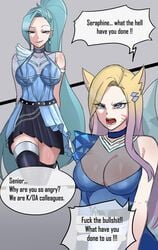 ahri angry big_breasts chihel cleavage clothed female female_only fox_girl k/da_ahri k/da_all_out_ahri k/da_all_out_seraphine k/da_all_out_series k/da_series kitsune large_breasts league_of_legends multiple_tails seraphine_(league_of_legends) smile translated