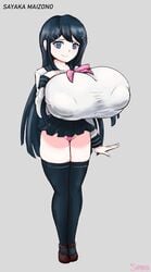 bimbo black_hair breasts danganronpa danganronpa_1 gigantic_breasts gigantic_nipples huge_breasts huge_nipples hyper hyper_breasts impossible_clothes impossible_clothing impossible_shirt iron-0xide large_breasts looking_at_viewer maizono_sayaka massive_breasts nipple_bulge nipples nipples_visible_through_clothing panties ribbon sanka-tetsu school_uniform short_skirt skirt tagme thighhighs thong