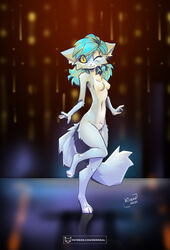 anthro blue_body blue_fur breasts domestic_cat felid feline felis female fluffy fluffy_tail fur genitals hi_res kiaun laura_(derideal) mammal nude one_eye_closed pussy solo standing text wink