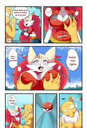 anthro border braixen bray_(lucyfercomic) breast_grab breasts clothed clothing dialogue duo female fur hand_on_breast heart hi_res hypno hypnosis lucyfercomic male male/female mind_control nintendo poke_ball pokemon pokemon_(species) purple_eyes red_body red_fur speech_bubble video_games white_body white_eyes white_fur yellow_body yellow_fur