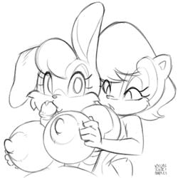 2021 2d 2girls anthro archie_comics assisted_paizuri big_breasts breast_grab breasts bunnie_rabbot chipmunk eyelashes faceless_male fellatio female fingers greyscale hair kissing lagomorph long_ears male mobian_(species) monochrome nipples paizuri penis rabbit rodent sally_acorn sega sonic_(series) sonic_satam sonic_the_hedgehog_(archie) sonic_the_hedgehog_(comics) sonic_the_hedgehog_(series) xylas