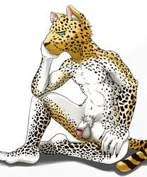 anthro blue_eyes censored chirashi_(matsu13) flaccid furry leopard looking_at_viewer male male_only megami_tensei ose_(megami_tensei) penis pointless_censoring pubic_hair shin_megami_tensei sitting solo_male spotted_fur white_background