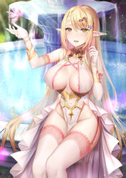 arm_up bare_shoulders blonde_hair breasts cleavage collarbone dress elf fairy female fountain garter_straps gold_trim groin headdress highres large_breasts long_hair mizuya_nao no_bra no_panties original pelvic_curtain pointy_ears revealing_clothes sitting solo thighhighs thighs very_long_hair wet white_dress white_legwear yellow_eyes