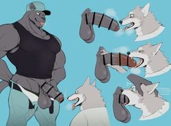 anthro balls belt big_muscles big_penis blue_eyes bodily_fluids bottomwear breath canid canine canis censored clothed clothing deep_throat drooling duo fangs felid foreskin fur genitals grey_body grey_fur hand_on_head hat headgear headwear hi_res humanoid_genitalia k0bit0wani looking_at_genitalia male male/male mammal muscular muscular_male neck_bulge open_bottomwear open_clothing open_mouth open_pants oral oral_penetration pantherine pants pecs penetration penis plumber saliva shirt tank_top tears tongue tongue_out topwear white_body white_fur wolf yellow_eyes