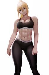 abs blonde_hair blue_eyes calvin_klein looking_at_viewer metroid nintendo ponytail samus_aran sidelocks simple_background smile smirk solo underwear white_background yoga_pants zaki_btw