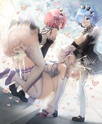 2futas balls_in_motion blue_hair clothed_rape cum cum_in_mouth cum_inflation cum_inside emilia_(re:zero) excessive_cum female futa_on_female futanari heart-shaped_pupils huge_cock hyper inflation maid_outfit oral penetration pink_hair ram_(re:zero) rape re:zero_kara_hajimeru_isekai_seikatsu rem_(re:zero) short_hair sinensian spitroast uncensored vaginal_penetration