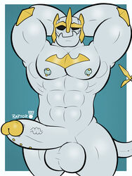 1boy balls big_balls biped erection galio genitals hi_res humanoid humanoid_genitalia humanoid_penis league_of_legends looking_at_viewer male muscular muscular_humanoid muscular_male nipples pecs penis raptorart riot_games simple_background smile solo video_games