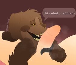 ambiguous_gender animatronic canid canine duo erection feral fetch_(fnaf) five_nights_at_freddy's fur genitals hi_res human machine male male/ambiguous mammal open_mouth oral penis rdafterdark robot sharp_teeth simple_background smile teeth text tongue tongue_out video_games