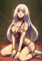 1girls 2012 annelotte cleavage collar eiwa female female_only femsub fully_clothed leash long_hair looking_at_viewer nipple_bulge open_mouth queen's_blade queen's_blade_rebellion revealing_clothes silver_hair sitting skimpy_clothes slave slave_collar white_hair