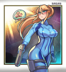 1girls baby_(metroid) big_breasts blonde_hair blue_eyes bodysuit breasts clothing female female_only firearm gun handgun human legwear metroid metroid_(creature) mole_under_mouth nintendo pale_skin sagas samus_aran thick_thighs thighs tight_clothing weapon zero_suit_samus