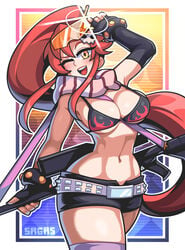 1girls bare_midriff big_breasts cleavage eyewear_on_head eyewear_removed female female_only one_eye_closed ponytail red_hair sagas shorts solo solo_female sunglasses_on_head sunglasses_removed tagme tengen_toppa_gurren_lagann thick thick_thighs yellow_eyes yoko_littner