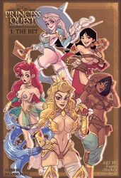 5girls aladdin aladdin_(1992_disney_film) arabian areola areola_slip areolae ariel ariel_(the_little_mermaid) ass aurora_(sleeping_beauty) black_hair blonde_hair busty cameltoe chapter_1 cover_page crisisbeat crossover dark-skinned_female dark_skin darkra dawn_(princess_quest) disney disney_princess elsa_(frozen) fa_mulan female female_focus female_only frozen_(film) fumo hourglass_figure huolong_(princess_quest) jazz_(princess_quest) large_breasts leotard long_hair marina_(princess_quest) medium_breasts mulan mulan_(1998_film) multiple_girls persian_(iranian) persian_clothing persian_female platinum_blonde_hair princess princess_jasmine princess_quest queen red_hair ricardo_perez royalty shell_bikini sleeping_beauty_(1959_film) staff sword the_little_mermaid the_little_mermaid_(1989_film) unconvincing_armor warrior white_hair wide_hips winter_(princess_quest)