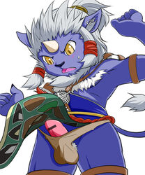 anthro blue_fur blush censored chirashi_(matsu13) cute_fang earrings feline final_fantasy final_fantasy_x horn kimahri lion male male_only open_mouth single_horn solo solo_male white_background white_hair yellow_eyes