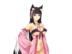 1girls black_hair blue_eyes breasts devil-seal female female_only fox_girl inumori_papiko long_hair smiling softhouse_seal standing yuria_foxy