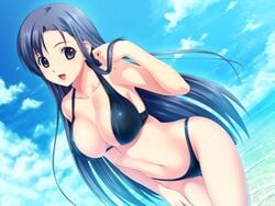 1girls 2010 adjusting_hair bangs beach bikini black_eyes black_hair clavicle cleavage female female_only koutaro long_hair navel nipple_bulge open_mouth saotome_nagi skindentation standing swimsuit thigh_gap tropical_kiss