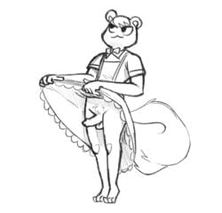 animal_crossing anthro big_tail clothed clothing clothing_lift crossdressing dress dress_lift flashing genitals hi_res maid_uniform male male_only mammal marshal_(animal_crossing) nintendo penis rodent sciurid sexylinguini solo uniform video_games