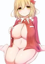 1girls areola areola_slip areolae blonde_hair blush breasts huge_breasts large_breasts navel red_shirt shiro_oolong-cha shirt shizuha_aki short_hair smile solo solo_focus stomach touhou unbuttoned unbuttoned_shirt wariza yellow_eyes