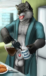 absurd_res anthro balls beverage canid canine canis coffee flaccid furry genitals gevual hi_res male male_focus male_only mammal morning muscular nude open_mouth penis solo wolf yawn