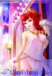 book_cover large_breasts lots_of_jewelry nipples_visible_through_clothing original original_character purple_eyes red_hair revealing_clothes shawlis-fantasy