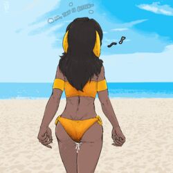 beach clothing cum_in_panties cum_wearing cum_wearing_(panties) female humanoid madam_reni_(twokinds) mind_control musical_note seaside solo swimwear thinking walking_away yttrium