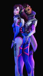 2girls 3d asian asian_female ass big_ass blizzard_entertainment brown_body brown_skin bubble_ass bubble_butt clothing d.va dark-skinned_female dark_skin female female_only hana_song hips legs light-skinned_female light_skin lordaardvark overwatch sombra tan_skin thick_ass thick_legs thick_thighs thighs wide_hips