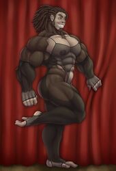 2021 abs anthro bara_tits beard biceps big_chest big_muscles big_pecs big_pectorals bigfoot chest clothing curtains dreadlocks facial_hair fishnet gorilla hair haplorhine hi_res humanoid hunnipanda lingerie looking_at_viewer male male_only mammal monkey monkey_boy monkey_feet muscles muscular muscular_anthro muscular_arms muscular_humanoid muscular_legs muscular_male navel nipples obliques on_one_leg pecs pectorals prehensile_feet primate quads sasquatch sharp_teeth side_view smile solo standing teeth